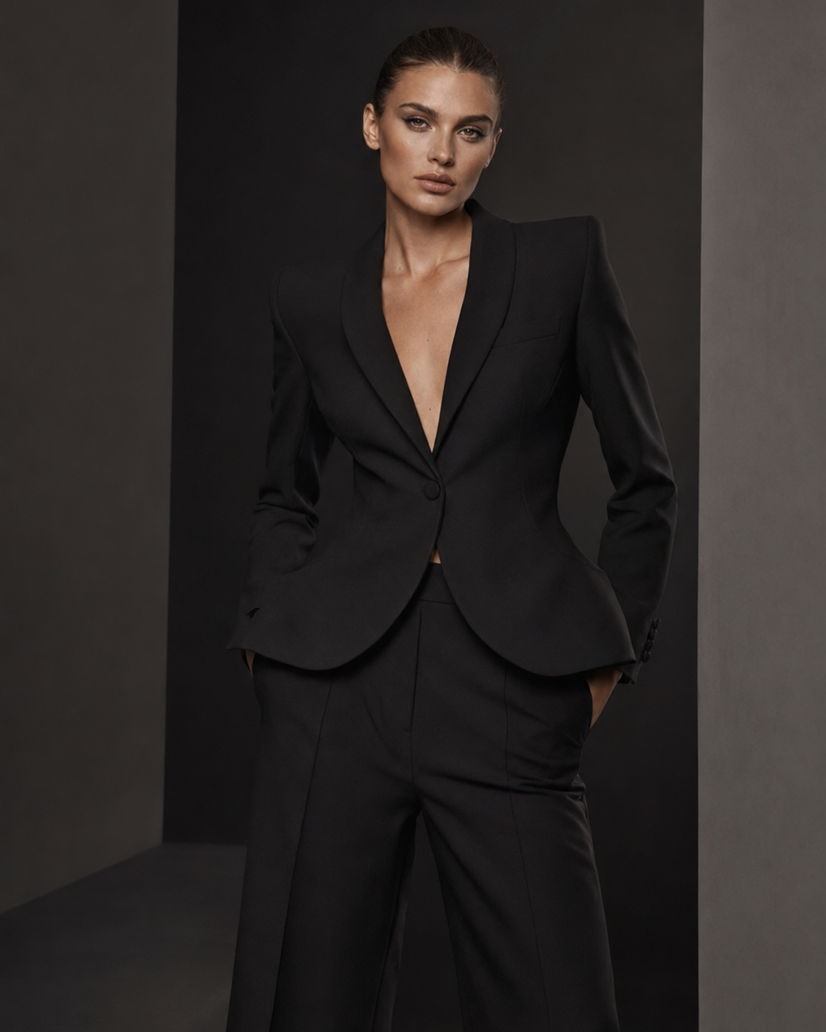 Modelka w czarnym, eleganckim garniturze